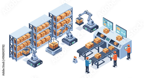 Automated warehouse logistics with robotic arms and conveyor belts showcasing smart industry 4.0 technology and efficient supply chain management