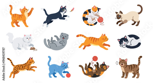 Collection of adorable cartoon cats in various playful poses and colors