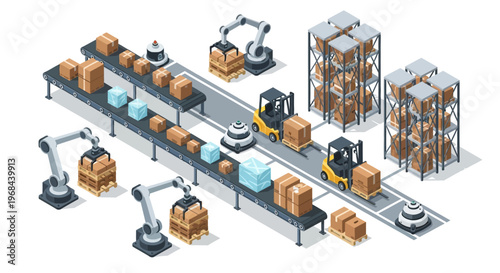 Automated warehouse logistics with robots, forklifts, and conveyor belts for efficient goods handling and storage