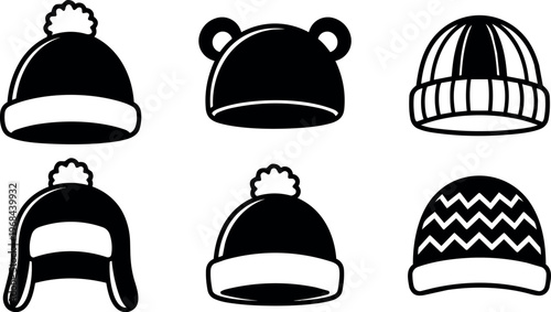 Black and white winter hat icons with pom pom earflap and bear ears styles