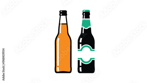 Simple illustration of two glass beer bottles including one filled with amber liquid and one dark bottle with labels.