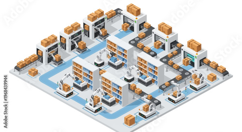 Modern warehouse automated logistics system with robotic arms and conveyor belts, showcasing efficient supply chain management and smart inventory solutions