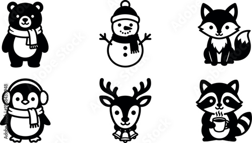 Black and white winter animals and snowman vector icons with scarves and earmuffs