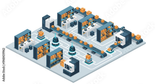 Isometric illustration of a modern automated warehouse with robots and conveyor belts