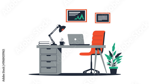 Organized modern office workstation featuring a grey desk, laptop, orange chair, and a green potted plant nearby.
