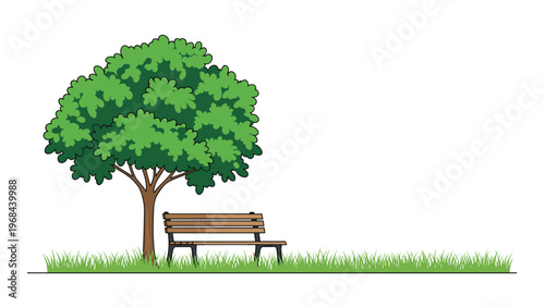 Lone wooden park bench sitting under the shade of a large leafy green tree on a patch of grass against white.