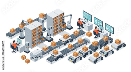 Isometric Smart Factory Automated production with robotic arms, conveyor belts, AGVs, and operators managing industrial logistics