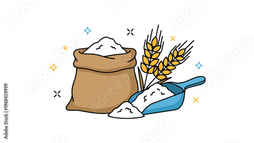 Large burlap sack filled with white flour next to organic wheat ears and a blue scoop in a simple vector graphic.