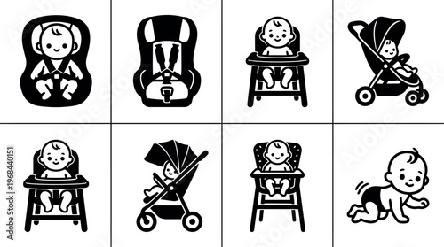 Black and white baby car seat high chair stroller crawling icons set