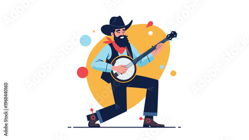 Happy bearded cowboy character wearing a traditional hat and vest plays a banjo in a dynamic pose with colorful background elements.