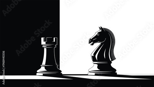 Dramatic high contrast illustration of a black chess knight facing a white rook piece on a minimalist board with deep shadows and light.
