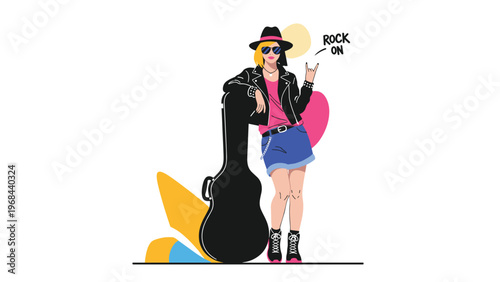 Stylish rock musician wearing a leather jacket and hat poses confidently with her large black guitar case and makes a hand sign.