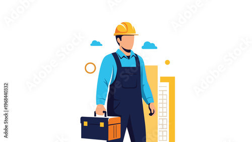 Professional construction worker wearing a safety helmet and blue overalls walks forward while carrying a heavy duty black and orange toolbox.