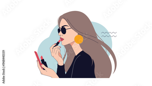 Fashionable woman with long hair and sunglasses applies red lipstick while looking in a hand mirror against a soft blue background.