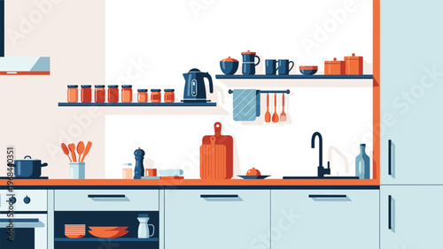 Modern kitchen interior design featuring clean white cabinets, wooden countertops, open shelving with jars, and various cooking appliances.