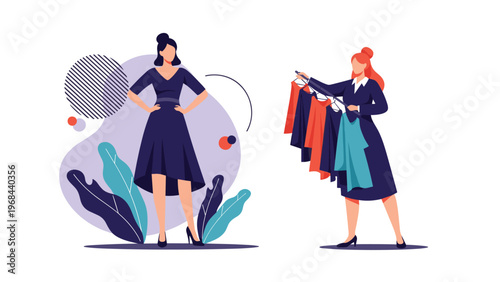 Two stylish female shoppers browse a clothing boutique choosing between various outfits and dresses displayed on a minimalist rack.