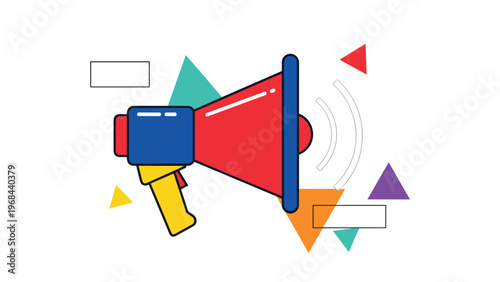 Bright red and blue megaphone icon surrounded by colorful geometric shapes symbolizes loud announcements, marketing, and public speaking.