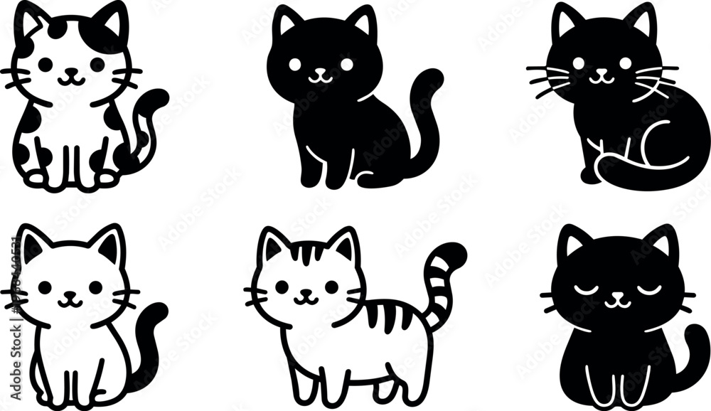 Obraz premium Black and white cute cat icons set with sitting and curled poses vector art