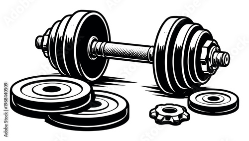 Dumbbell with weight plates, highlighting power, working out, muscle-building, and fitness gear for gym-focused ideas