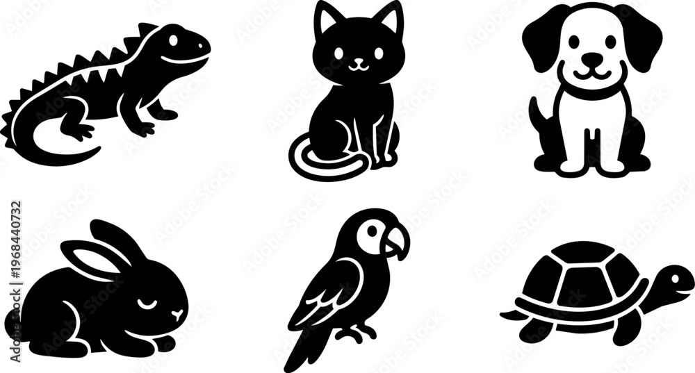 Obraz premium Six different animals including alligator cat dog rabbit parrot and turtle