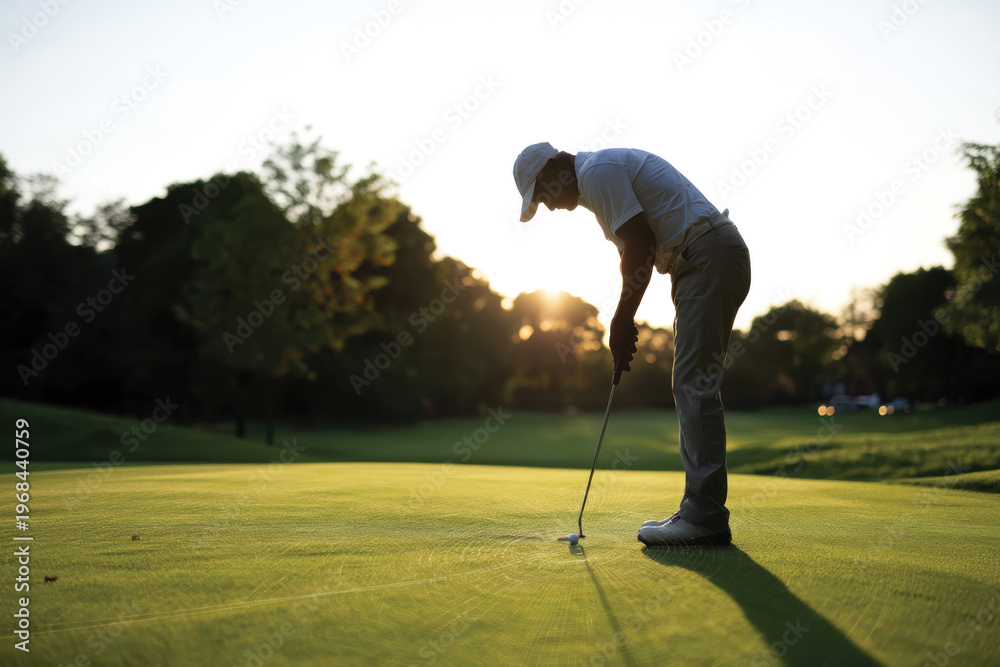 Fototapeta premium A silhouetted man poised to putt on a golf course, bathed in the warm glow of a golden sunset, encapsulating a moment of focus and serenity amidst nature.