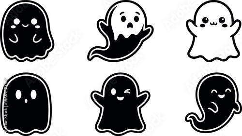 Cute black and white cartoon ghost vector art set with happy faces