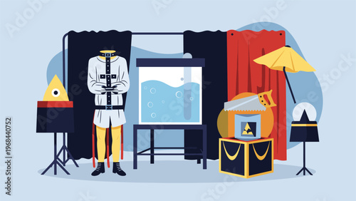 Collection of magician stage props including a water tank for escape acts, a straitjacket, a large saw, and mysterious boxes behind curtains.
