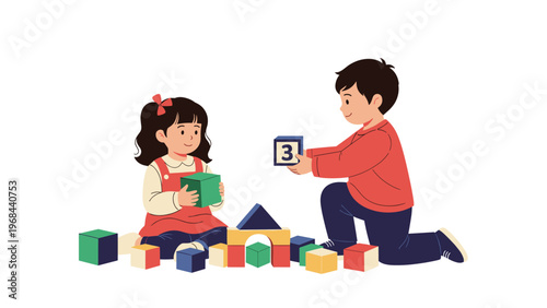 Two young children sitting on the floor and happily playing together with a variety of colorful wooden building blocks and toys.