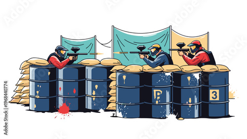Group of paintball players in protective gear taking cover behind blue barrels and firing their markers during an intense competition.