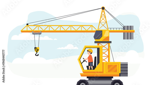 Large yellow tower crane operating at a construction site against a light blue sky with clouds and a modern city background.