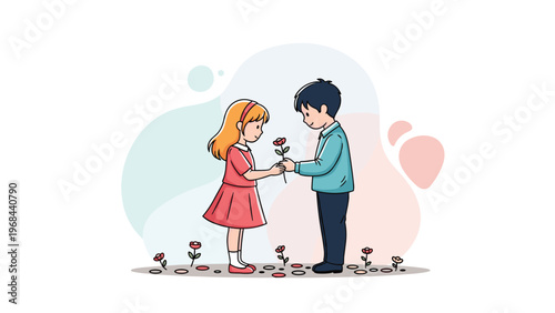 Sweet scene of a young boy shyly giving a red rose to a girl standing in a field of flowers under a soft colored sky.