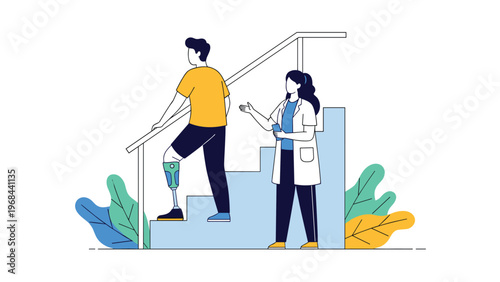 Physical therapist or doctor assists a man with a prosthetic leg as he practices walking up stairs during a rehabilitation session.