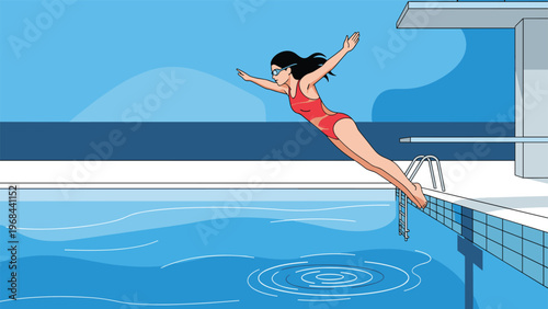 Female swimmer in a red swimsuit dives gracefully into a blue swimming pool from a diving board under a clear sunny sky.