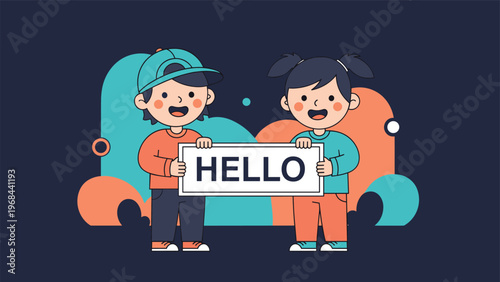 Two cheerful children, a boy and a girl, standing together and holding a large white sign with the word hello written on it.