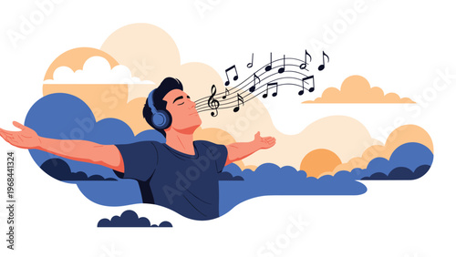 Young man with eyes closed wears headphones and sings with joy while musical notes float in the air against a cloudy sky.