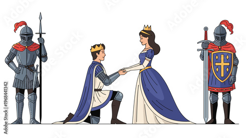 Medieval prince kneeling before a beautiful princess while two knights in full armor stand guard with weapons and shield.