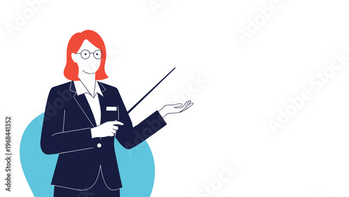 Professional female teacher or business presenter in a suit points to empty space while holding a long wooden stick.