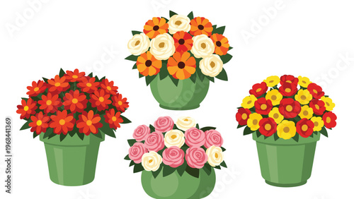 Four different floral arrangements in green pots featuring vibrant red, orange, white, and pink flowers for decoration.