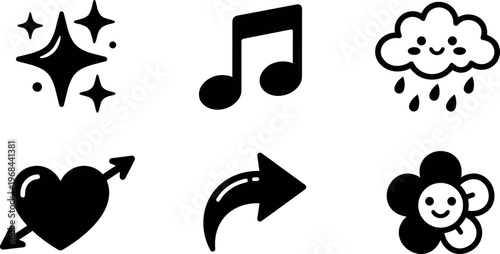 Black and white cute emoticon icons set with star music rain flower heart and arrow
