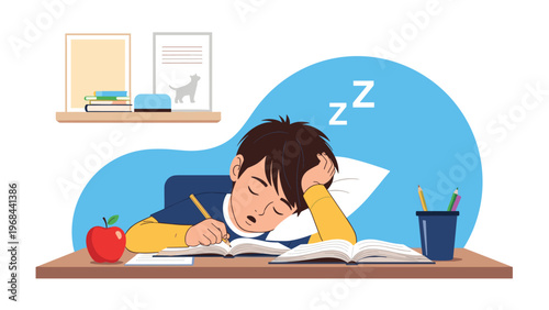 Tired young student boy falls asleep on his open books while doing homework at his desk with an apple and pencils.