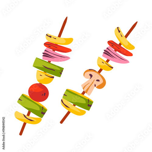 Grilled vegetable skewers colorful barbecue food with mushrooms, peppers, onion and zucchini, perfect for BBQ, healthy food and summer cooking themes.