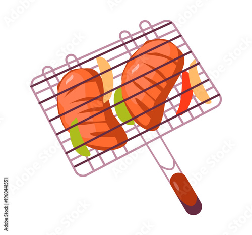 Grilled meat on a barbecue rack with vegetables, ideal for summer BBQ, outdoor cooking and food themes. Flat vector illustration.