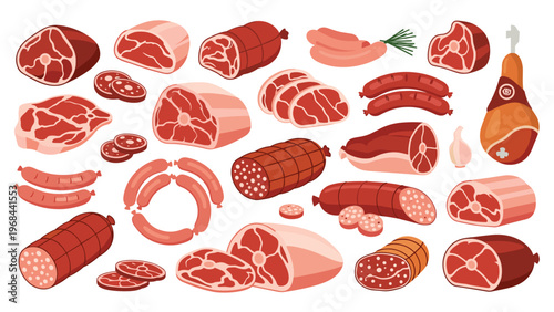 Detailed collection of various raw meat cuts and processed sausages including salami and ham shown on a white background.
