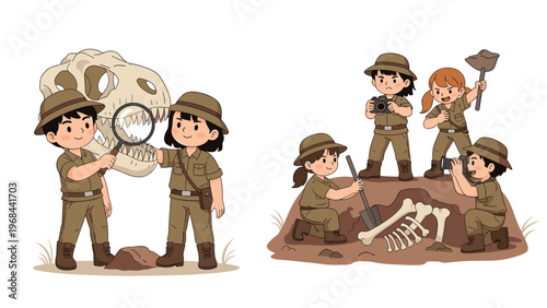 Group of young children acting as paleontologists while digging for dinosaur fossils and examining a large prehistoric skull.