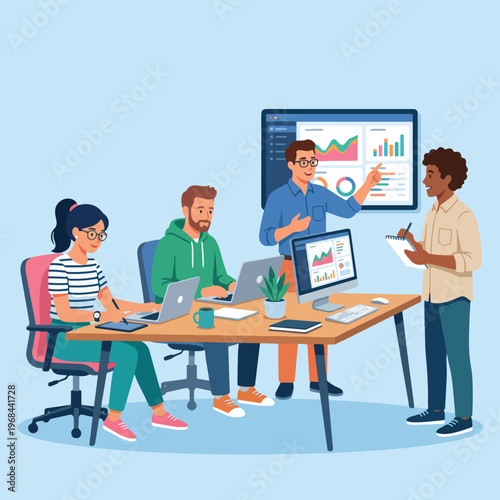 Business team analyzing data dashboard and financial statistics in office flat vector illustration