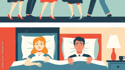Split illustration showing happy people dancing at a party above a sad man and woman lying awake in bed together.