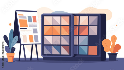 Industrial server room or data center setup with colorful storage racks and an informational display board for business.