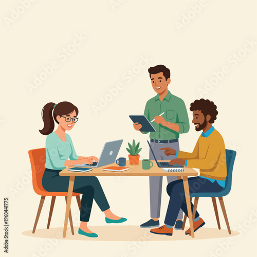 creative coworkers discussing project on laptop and tablet flat vector illustration