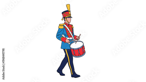 Musician in a blue and red marching band uniform plays a red snare drum with drumsticks while walking in a parade.