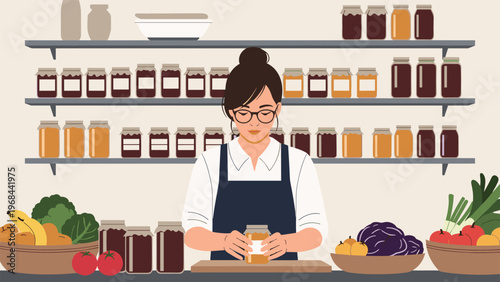 Female shopkeeper or artisan in an apron arranging jars of homemade preserves in a pantry filled with fresh produce.